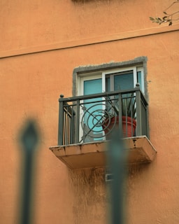 A small balcony with intricate metal railing design is attached to an orange textured building wall. A potted plant with long leaves sits on the balcony beside a window with closed blinds.