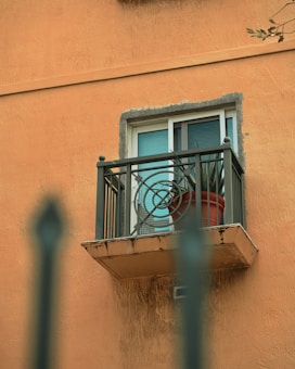 A small balcony with intricate metal railing design is attached to an orange textured building wall. A potted plant with long leaves sits on the balcony beside a window with closed blinds.