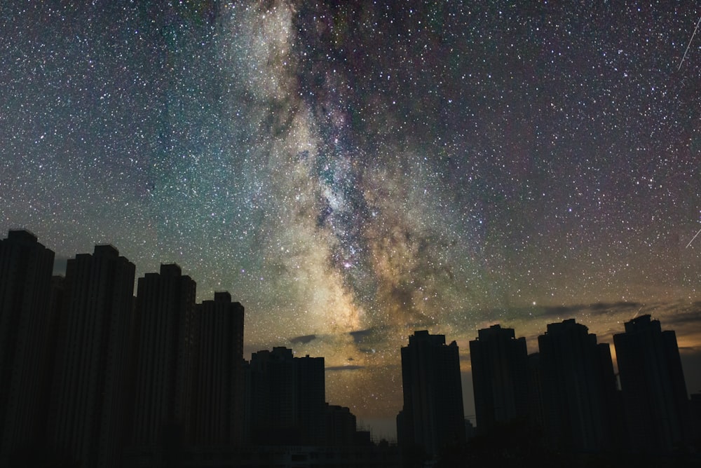 silhouette of high rise buildings under starry night