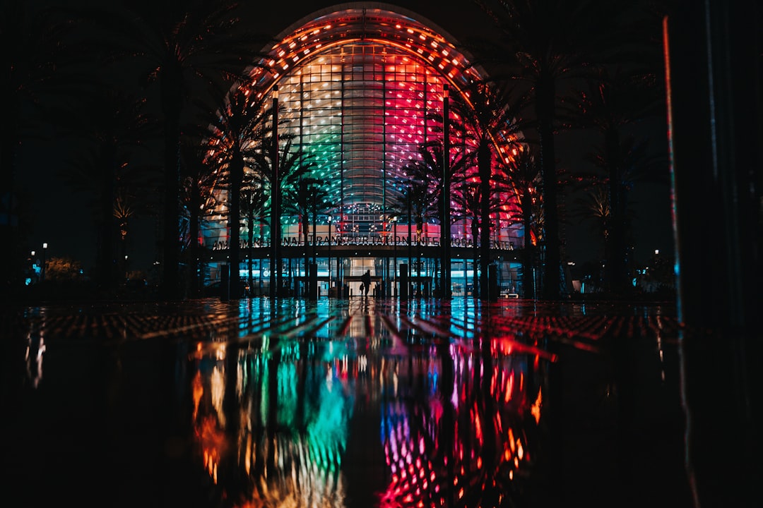 blue and red lights on building,