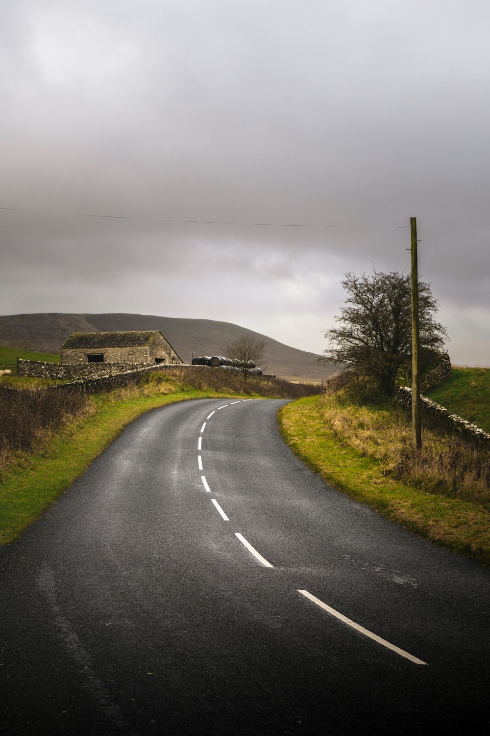 gray concrete road between green grass field under gray sky during daytime