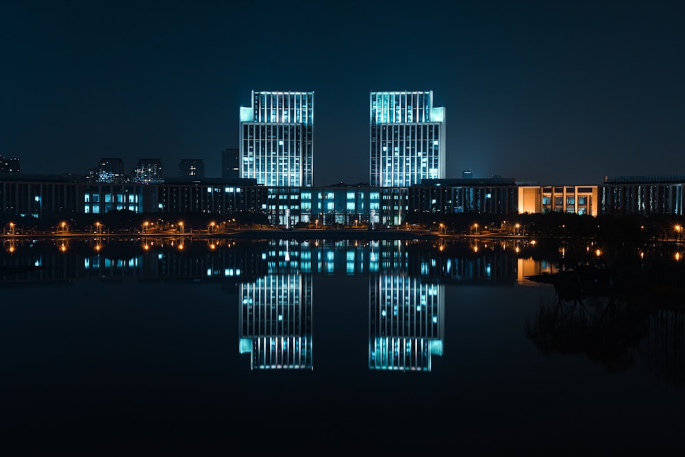 city skyline during night time