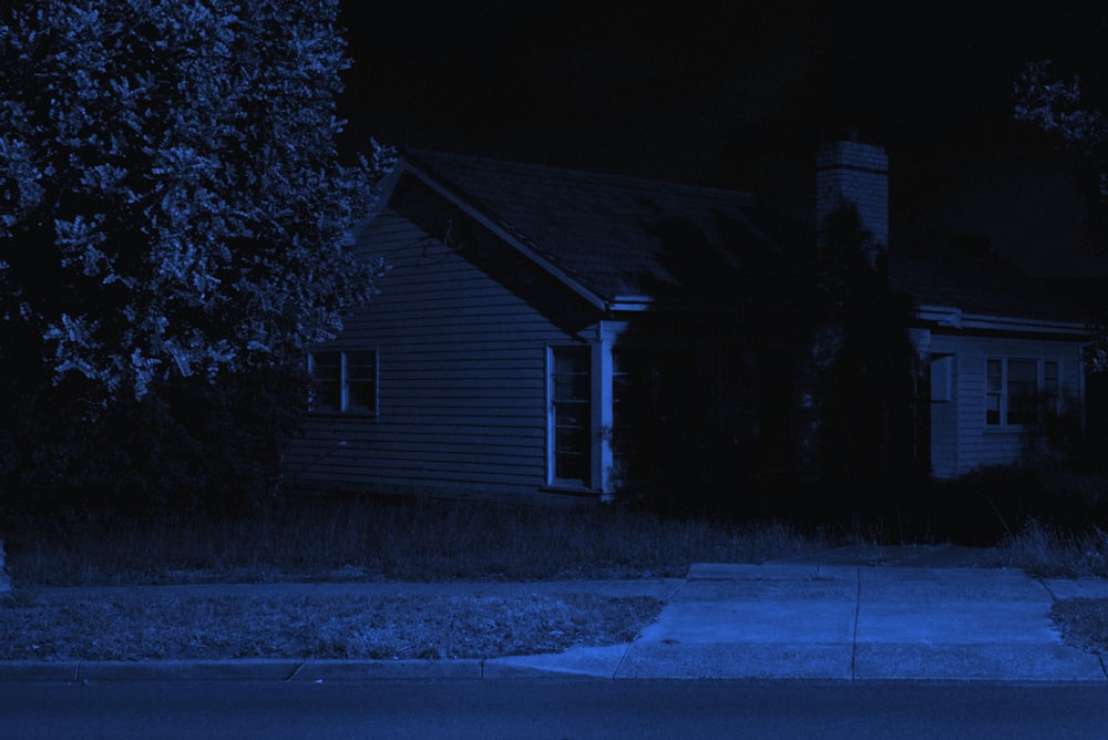 grayscale photo of house near trees