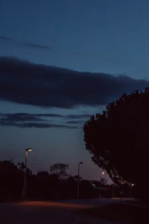 A serene street scene at dusk with warm lights and subtle shadows.