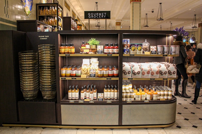 A vibrant display of gourmet food products.