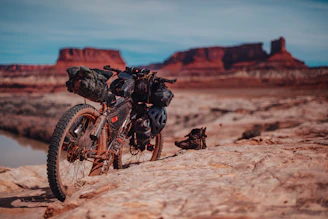 A rugged tandem bike built for mountain trails, shown on a rocky path.