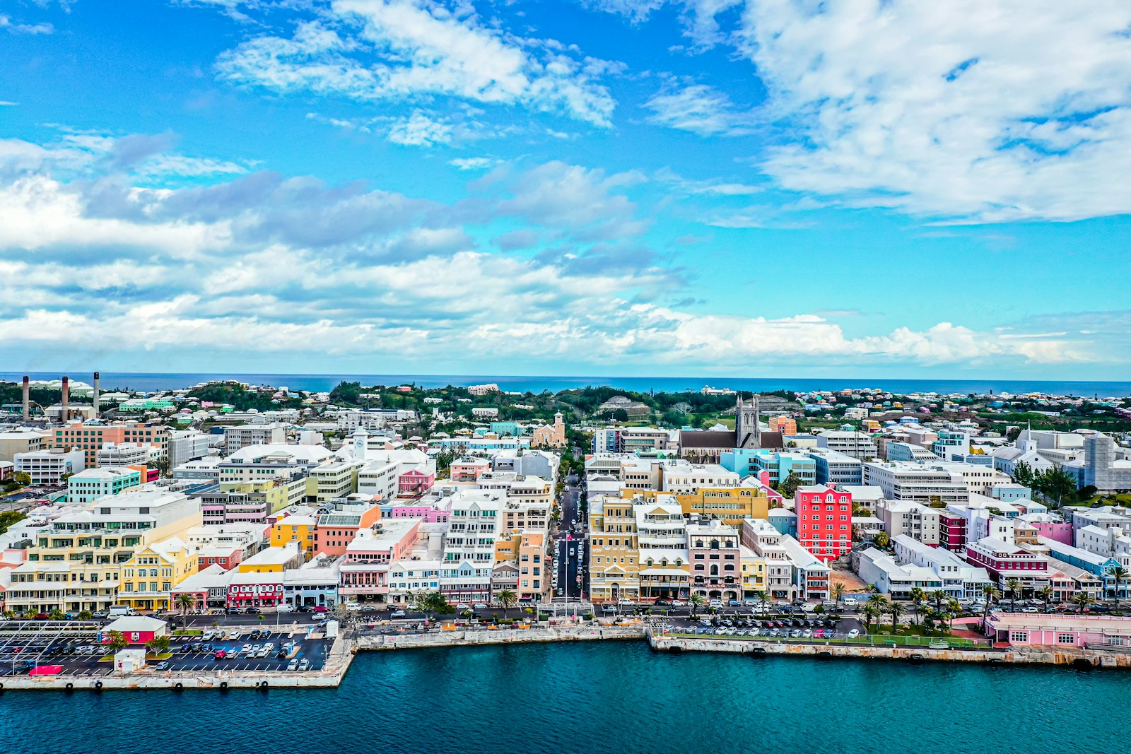 Aerial view of Hamilton, Bermuda's colorful waterfront skyline and harbor