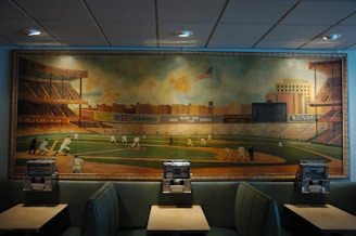 A vintage mural depicts a lively baseball game in a large stadium setting with players in action. The backdrop features an urban skyline and spectators in the stands. Below the mural are retro-style diner booths with juke boxes on the tables.