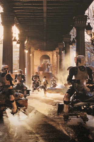 A dynamic battle scene with warriors clashing in a futuristic cityscape.
