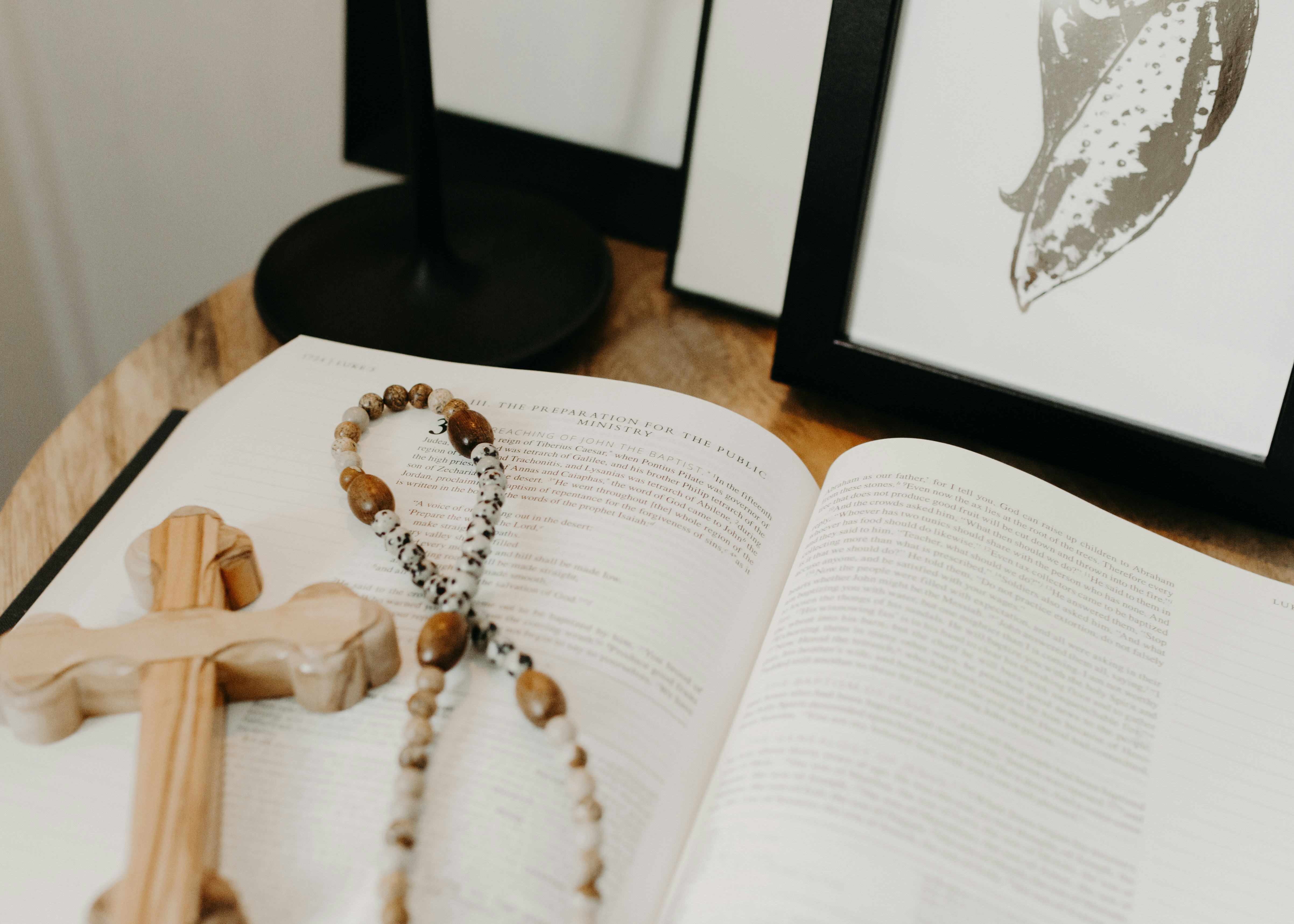 silver and brown beaded necklace on book page