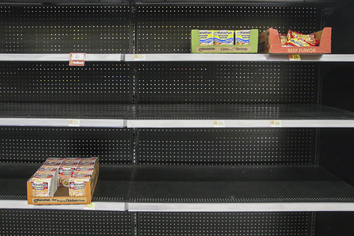 Empty shelves in a grocery store
