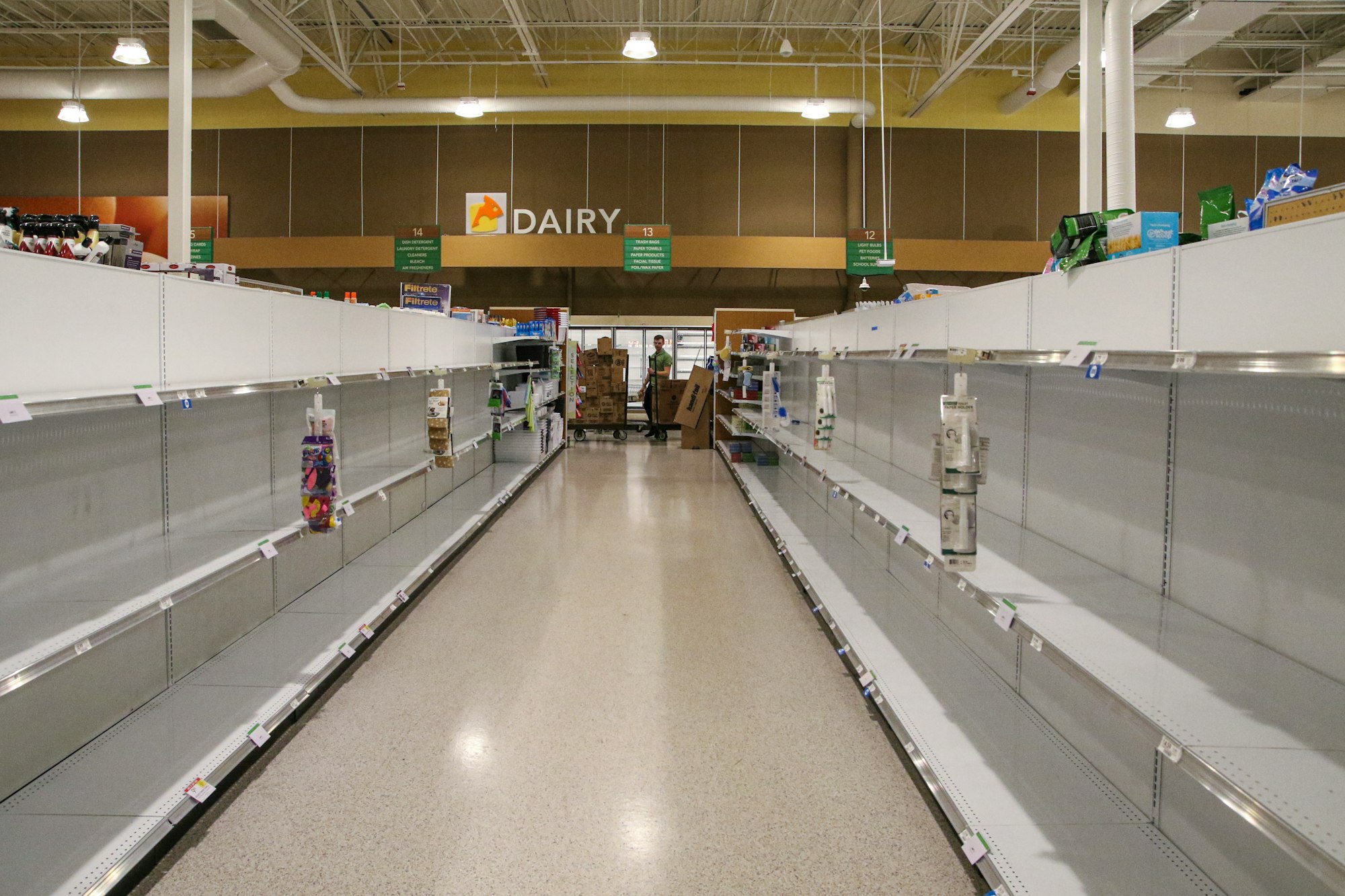 Grocery stores are experiencing major hoarding of some supplies due to the Coronavirus. As soon as items get stocked they are bought off the shelf with delivery trucks completely off schedule.