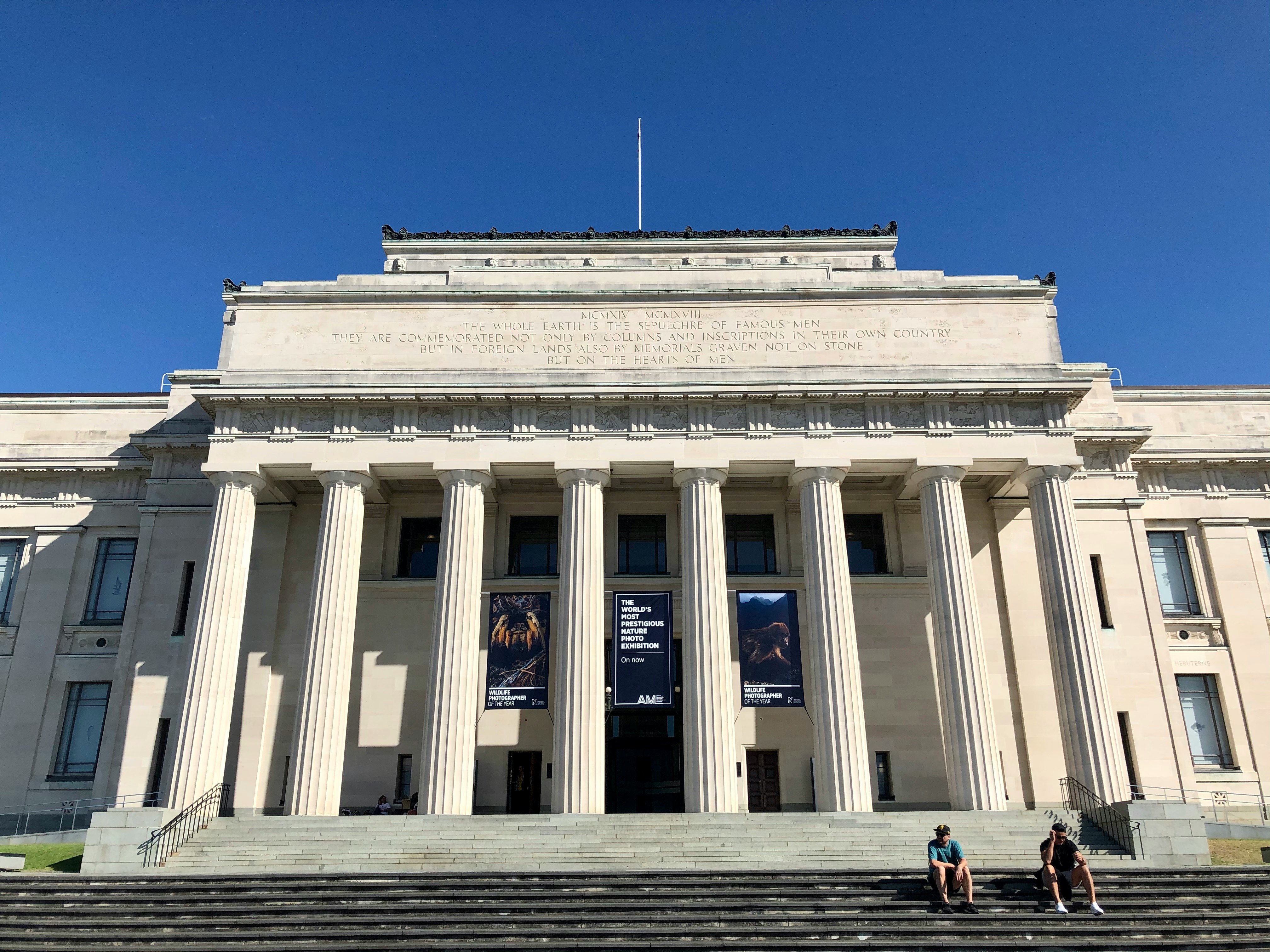The front of the Auckland War Memorial Museum is the most grand and most memorable. It has eight direct columns which is almost a recreation of Greek Parthenon.