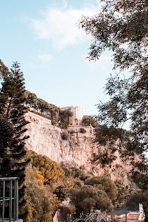 An elegant building is perched atop a rocky cliff surrounded by lush, green trees. The sky is bright and clear, enhancing the scenic beauty of the landscape. The sunlight casts warm tones over the foliage and the cliff face, creating a harmonious blend of natural and architectural elements.