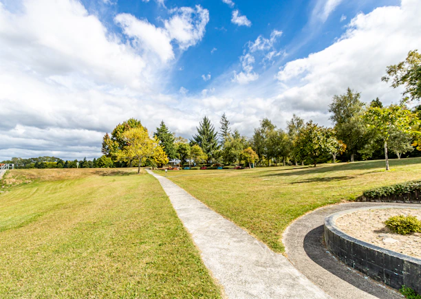 Walking with Jesus along green grass field with trees under blue sky and white clouds during daytime