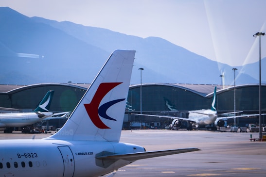 Several commercial airplanes are parked at an airport terminal, with a large plane tail prominently displaying an airline logo in the foreground. The airport building and jet bridges are visible in the background against a backdrop of distant, hazy mountains. The scene is observed from behind a large pane of glass.