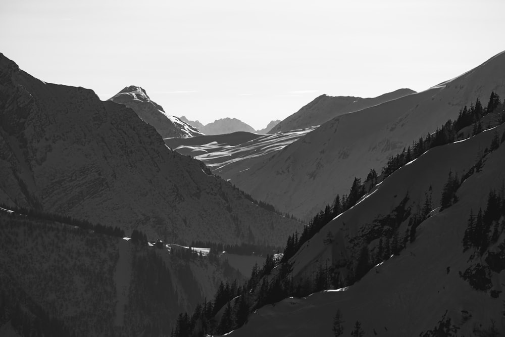 grayscale photo of mountains and river