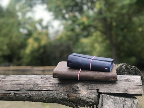 Two leather-bound notebooks rest on a rustic wooden beam, with a serene natural background of blurred trees and greenery.