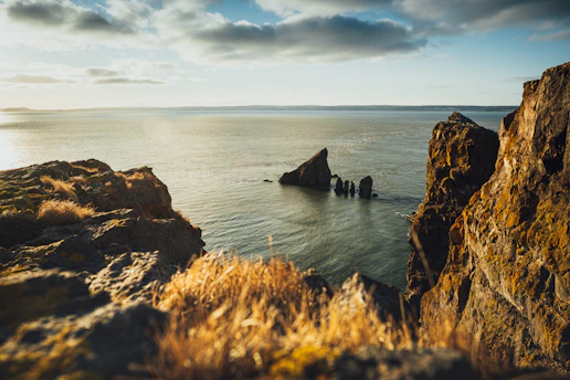 A breathtaking aerial shot of a rugged coastline bathed in golden sunset light, capturing the vastness and serenity of the sea meeting the cliffs.