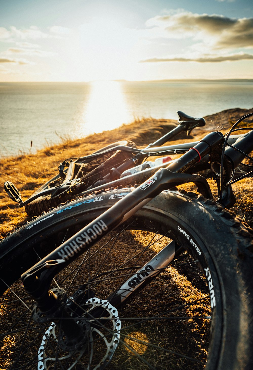 bicicleta preta na grama marrom perto do corpo de água durante o dia
