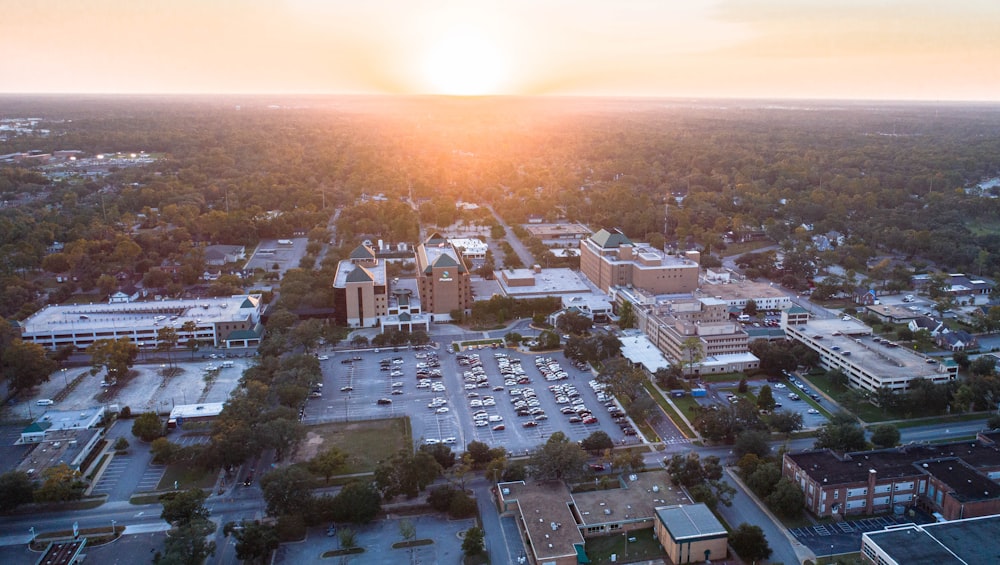 aerial view of city during sunset