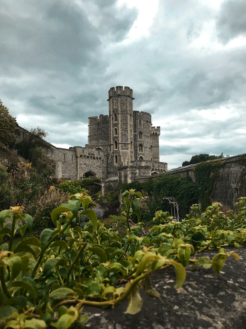 green plants near gray concrete castle under cloudy sky during daytime