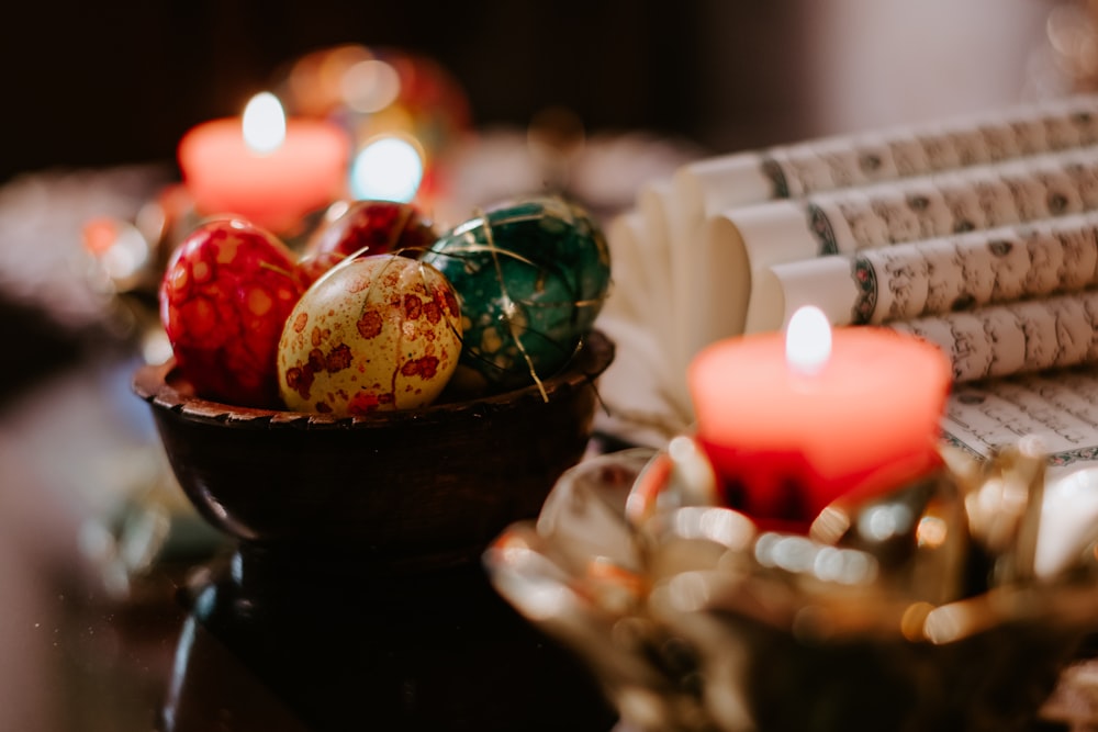 red and green baubles on black bowl