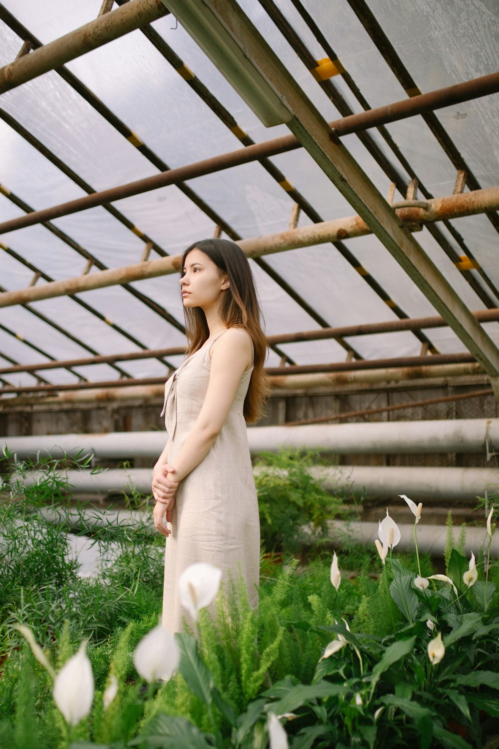 femme en robe blanche sans manches debout sur le champ d’herbe verte pendant la journée