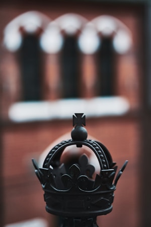 A black metal crown is prominently displayed in the foreground with an ornate design that includes fleur-de-lis and a cross on top. The background is softly blurred, showcasing arch-like shapes and a warm, reddish-brown tone, suggesting a brick or wooden structure.