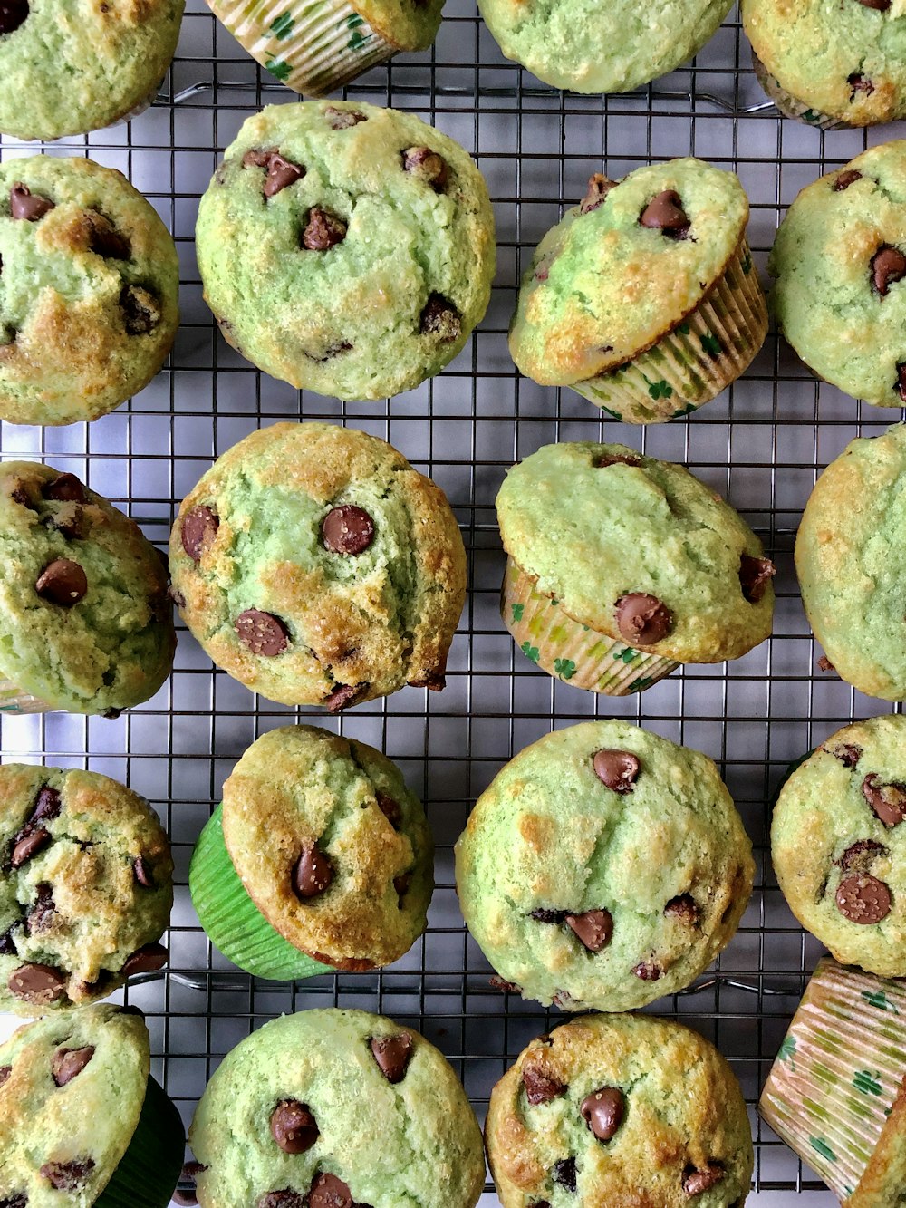 green and brown pastry on white and blue polka dot textile