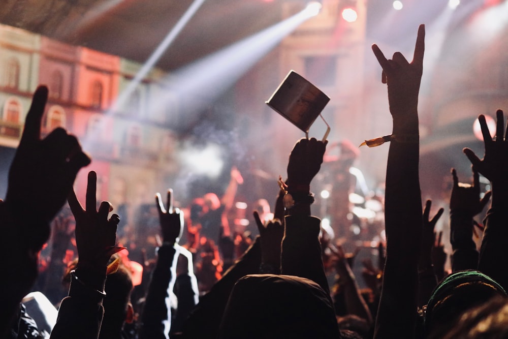 people raising their hands during night time