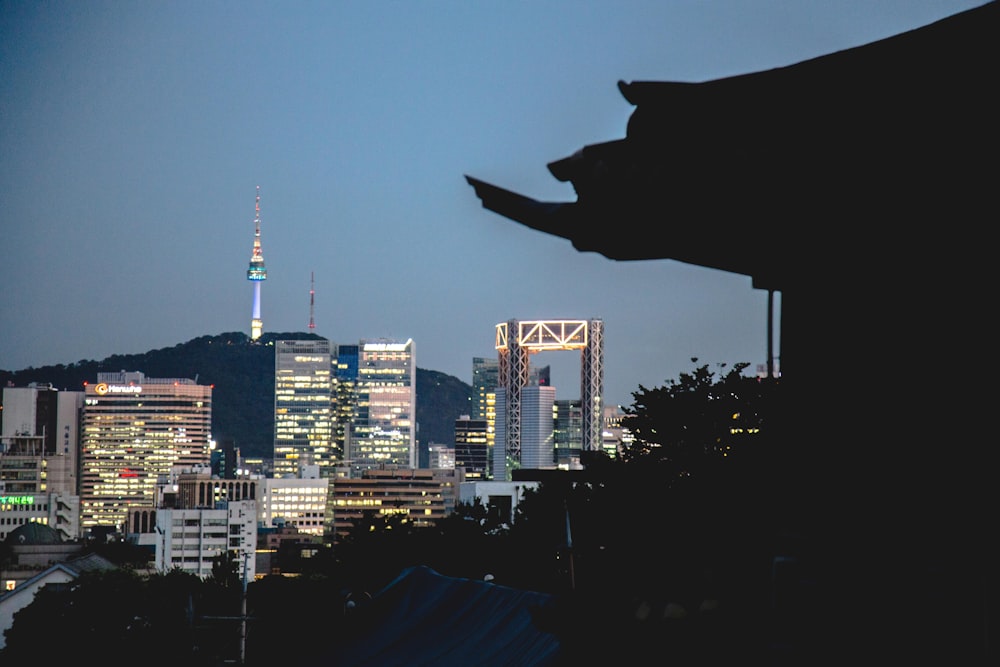 city skyline during night time