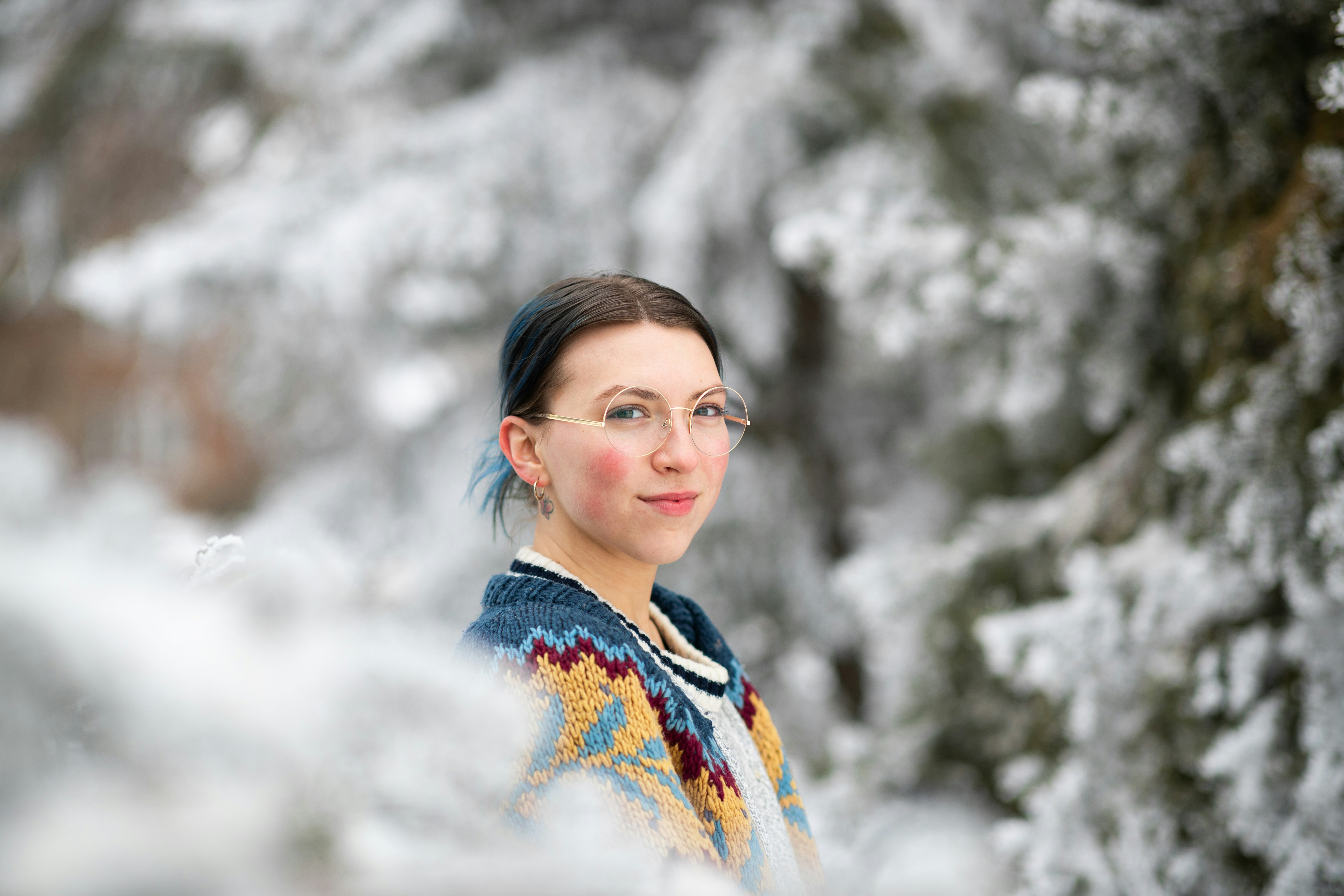 woman in blue white and red floral collared shirt