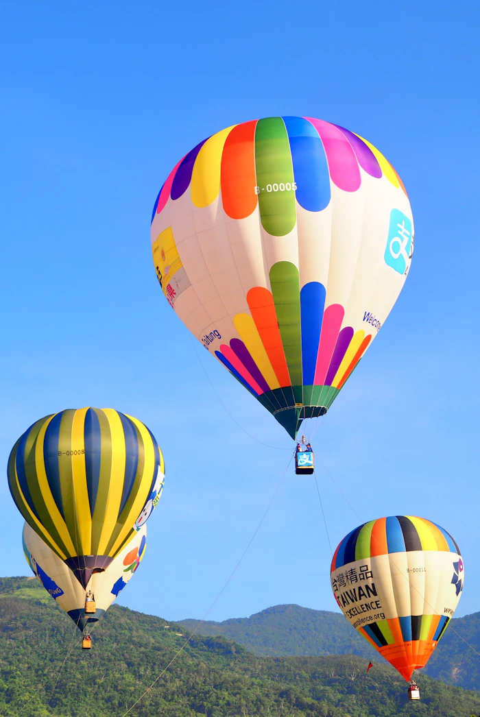 A hot air balloon over the countryside in Taitung, Taiwan