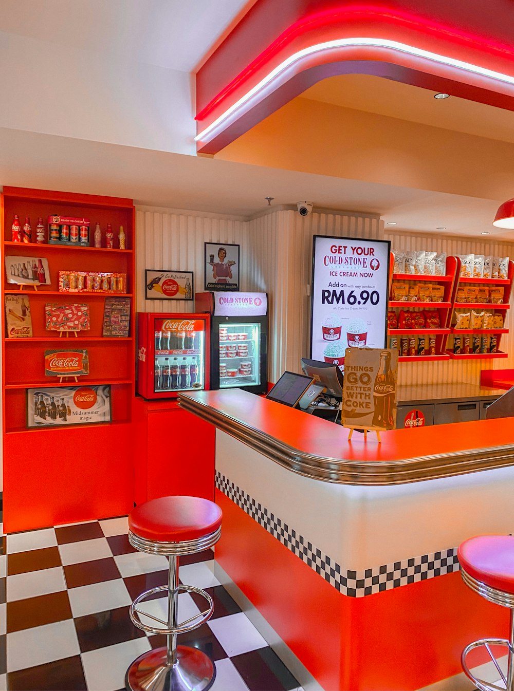 red and white wooden counter