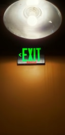 A bright lightbulb is affixed to a metallic dome lampshade on a ceiling. Below the lamp, a green illuminated exit sign with the word 'EXIT' in capital letters is attached to a wooden wall. The color contrast between the bright light and the green exit sign is striking against the dark background.