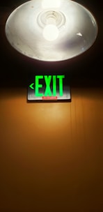A bright lightbulb is affixed to a metallic dome lampshade on a ceiling. Below the lamp, a green illuminated exit sign with the word 'EXIT' in capital letters is attached to a wooden wall. The color contrast between the bright light and the green exit sign is striking against the dark background.