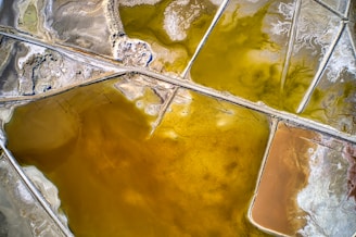 Aerial view of a landscape featuring a series of rectangular salt ponds with various shades of orange, brown, and yellow. The ponds are intersected by narrow earthen pathways. The contrasting colors suggest different stages or conditions of salt evaporation. The surrounding area appears arid and barren, with some patches of white salt deposits.