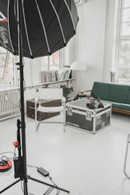 Wide shot of a minimalist studio interior filled with natural daylight and subtle green accents.