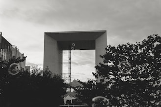 A large, modern arch-shaped building stands prominently against a cloudy sky. In the foreground, silhouettes of tree branches create a contrasting frame. Several floating bubbles add an interesting and playful element to the scene.
