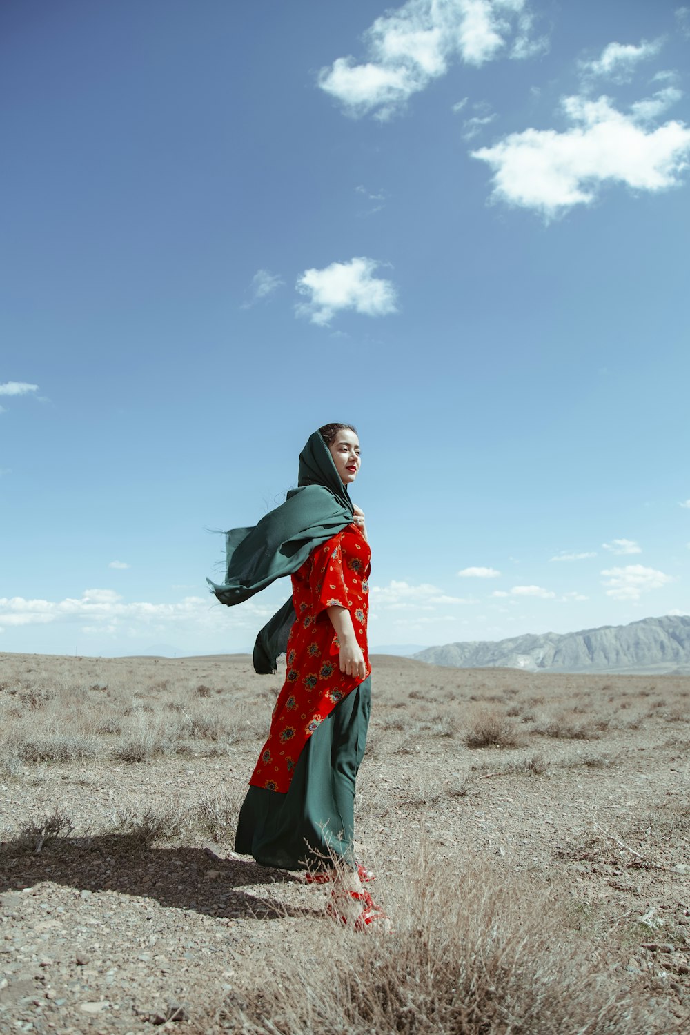 woman in green and red coat standing on brown field during daytime
