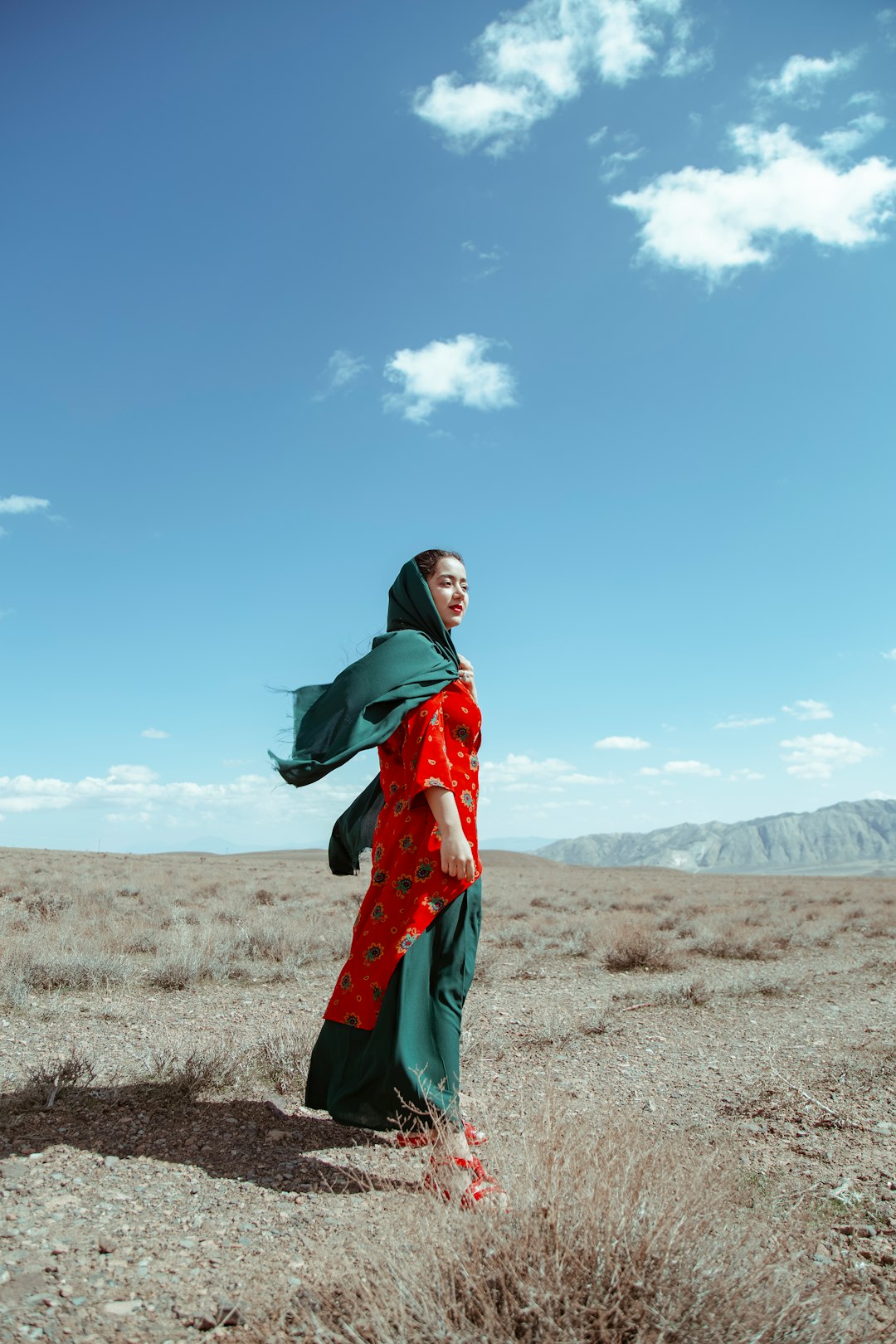 woman in green and red coat standing on brown field during daytime
