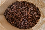 A close-up view of roasted coffee beans inside a brown paper bag. The beans are dark and glossy with various shades of brown, highlighting their rich texture.