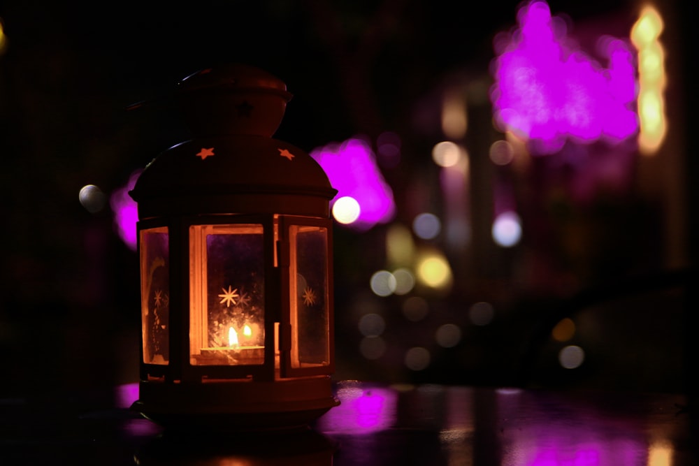 brown lantern with purple lights