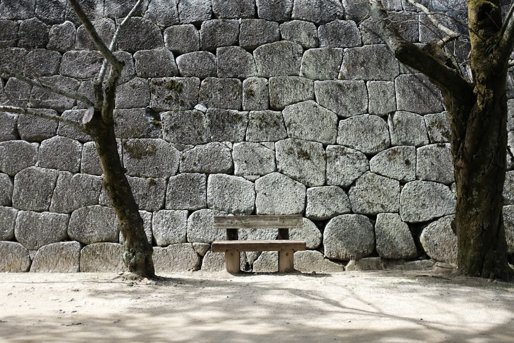 brown wooden bench beside gray concrete wall