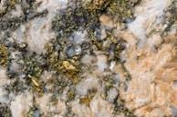 A close-up view of a textured mineral surface featuring a mixture of gold, white, and greyish-blue crystalline structures. The gold elements shimmer amidst the rough, irregular patterns of the surrounding minerals.