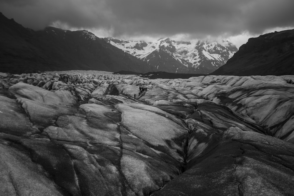 grayscale photo of snow covered mountain