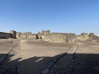 Wide shot of an archaeological excavation site revealing stone foundations