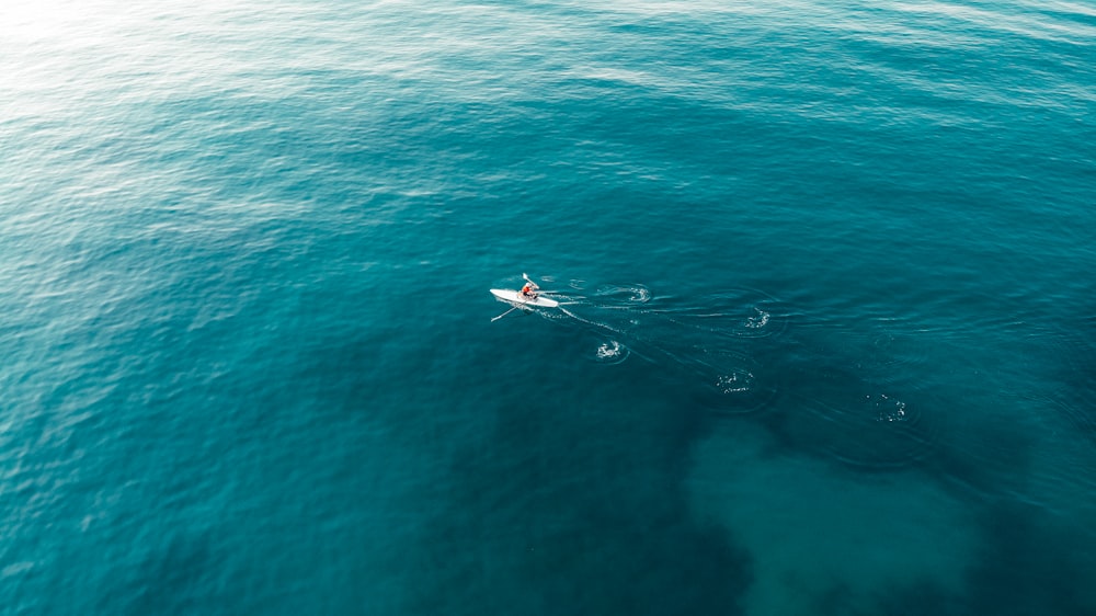 homem na camisa branca que monta o barco branco e vermelho no mar azul durante o dia