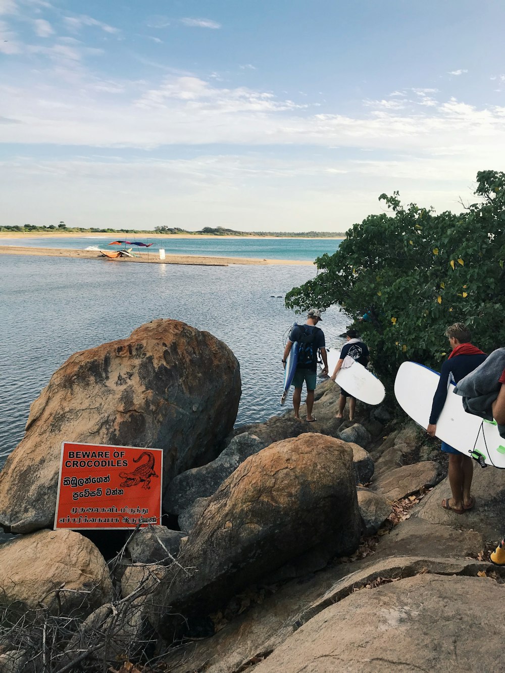 people holding white surfboard on brown rock near body of water during daytime